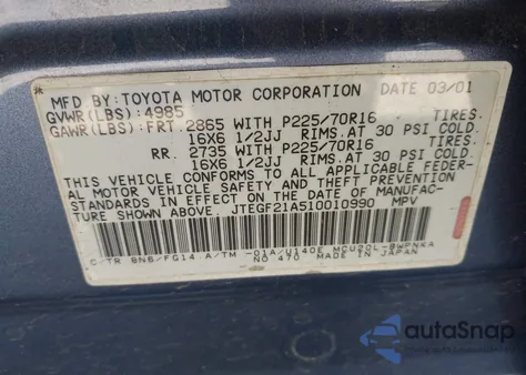 2001 Toyota Highlander V6 from USA, damaged, VIN JTEGF21A510010990